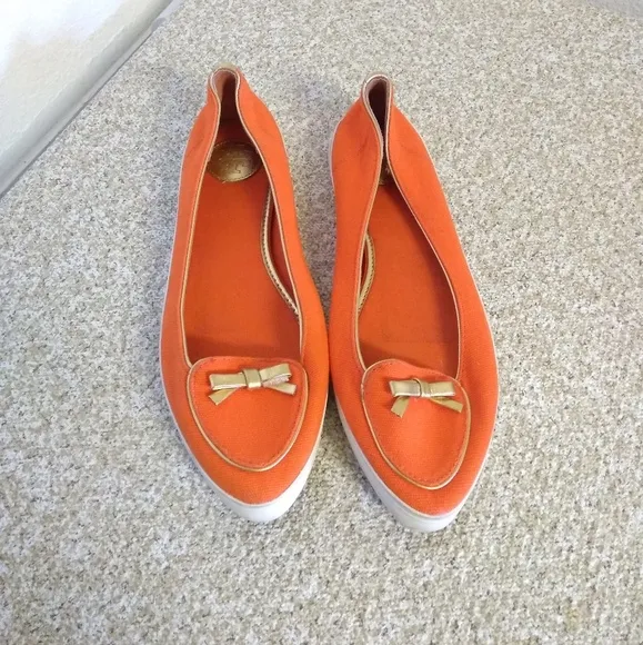 Tory Burch Orange Canvas Gold Leather Flat