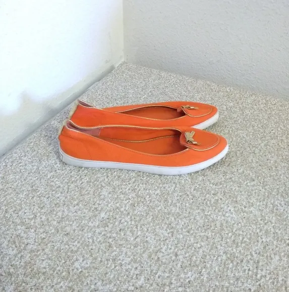 Tory Burch Orange Canvas Gold Leather Flat