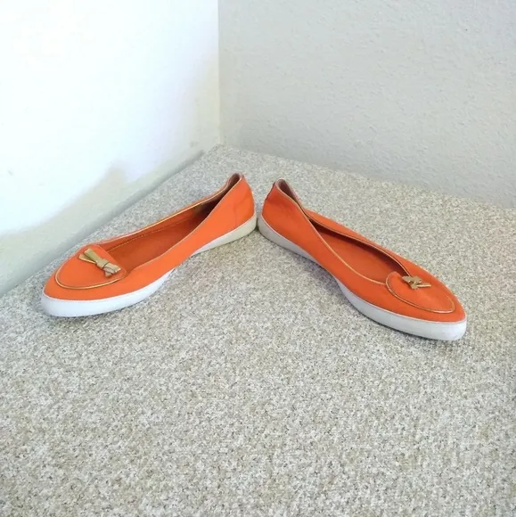 Tory Burch Orange Canvas Gold Leather Flat