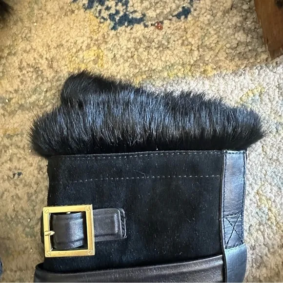 Tory Burch Size 6.5 Jaden Rabbit Fur Suede Leather Boots Black