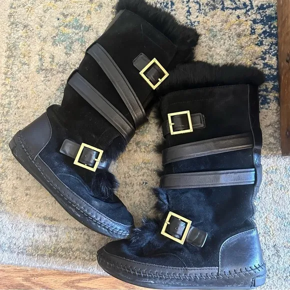 Tory Burch Size 6.5 Jaden Rabbit Fur Suede Leather Boots Black