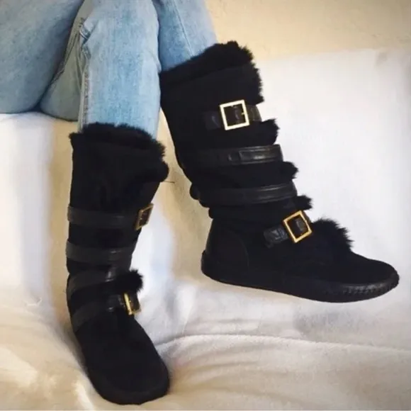 Tory Burch Size 6.5 Jaden Rabbit Fur Suede Leather Boots Black