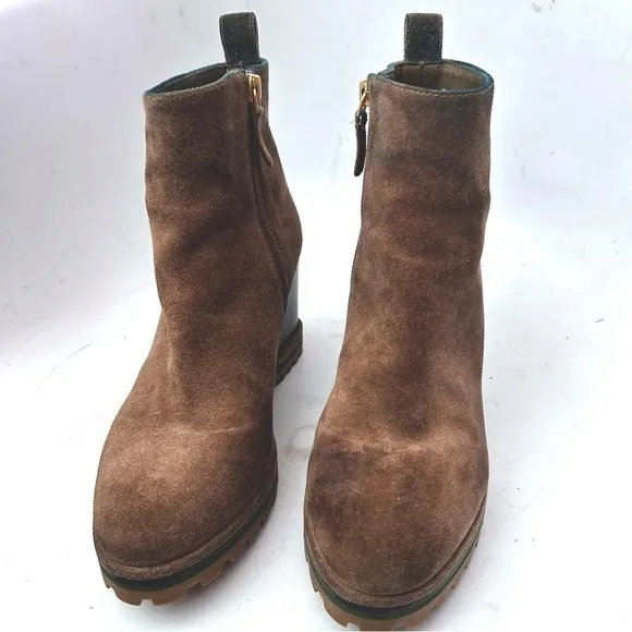 TORY BURCH Suede Logo Lug Sole Wedge Boot Brown Size 8.5