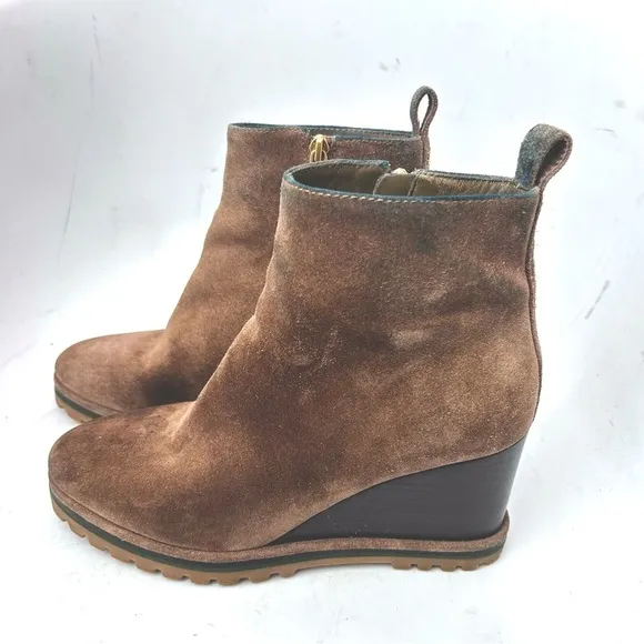 TORY BURCH Suede Logo Lug Sole Wedge Boot Brown Size 8.5