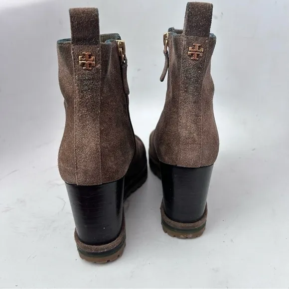 TORY BURCH Suede Logo Lug Sole Wedge Boot Brown Size 8.5