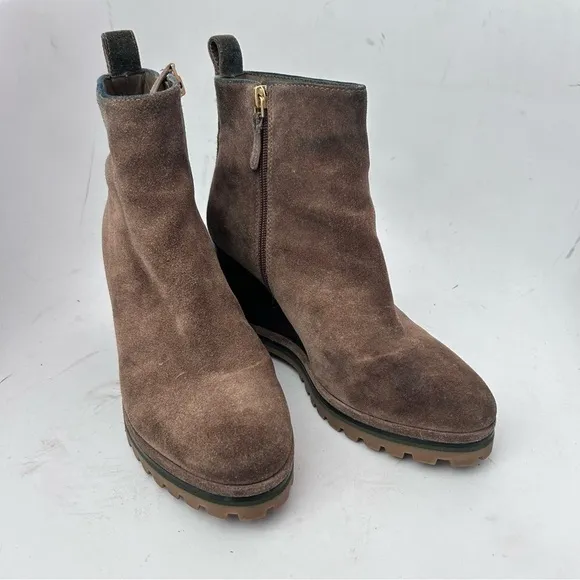 TORY BURCH Suede Logo Lug Sole Wedge Boot Brown Size 8.5