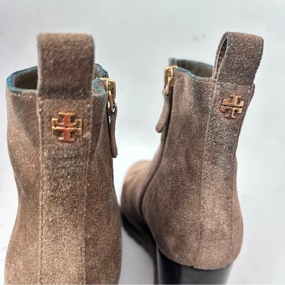 TORY BURCH Suede Logo Lug Sole Wedge Boot Brown Size 8.5
