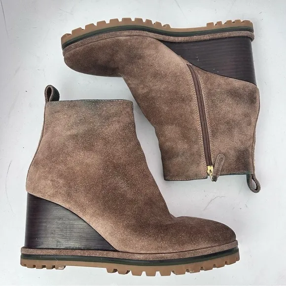 TORY BURCH Suede Logo Lug Sole Wedge Boot Brown Size 8.5