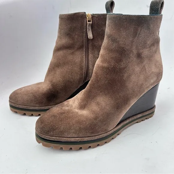 TORY BURCH Suede Logo Lug Sole Wedge Boot Brown Size 8.5