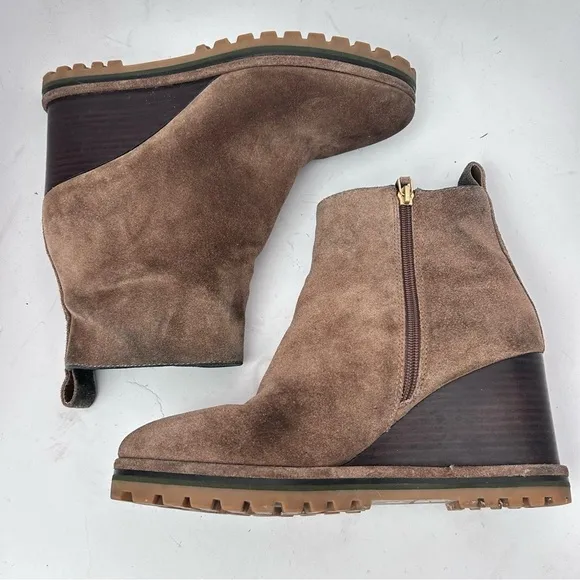 TORY BURCH Suede Logo Lug Sole Wedge Boot Brown Size 8.5