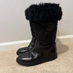 Tory Burch Women's Joey Fur Cold Weather‎ Lined Black Nylon Leather Boots Size 6