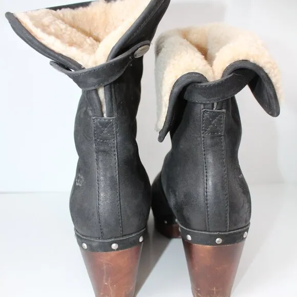 UGG Australia Boots Lynne’s Black Leather Fur Cuffed Boots Wood Heels Sz 6 3207