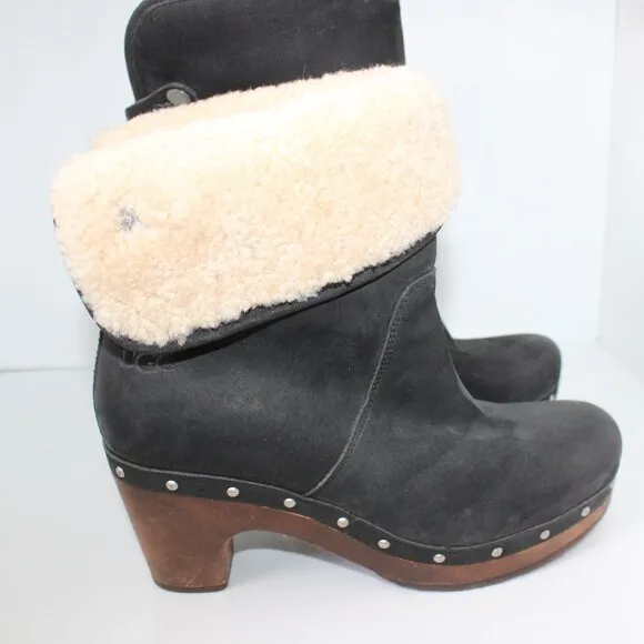 UGG Australia Boots Lynne’s Black Leather Fur Cuffed Boots Wood Heels Sz 6 3207