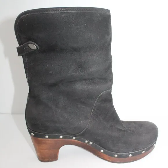 UGG Australia Boots Lynne’s Black Leather Fur Cuffed Boots Wood Heels Sz 6 3207