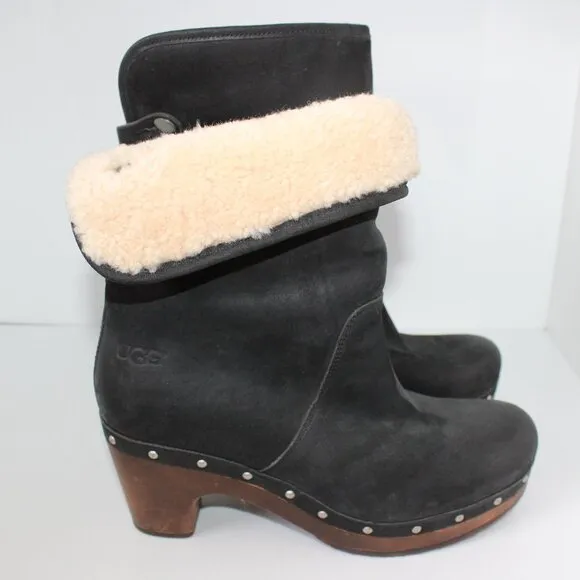 UGG Australia Boots Lynne’s Black Leather Fur Cuffed Boots Wood Heels Sz 6 3207
