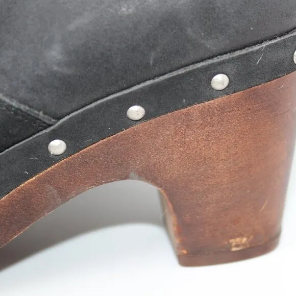 UGG Australia Boots Lynne’s Black Leather Fur Cuffed Boots Wood Heels Sz 6 3207