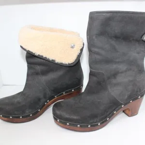 UGG Australia Boots Lynne’s Black Leather Fur Cuffed Boots Wood Heels Sz 6 3207