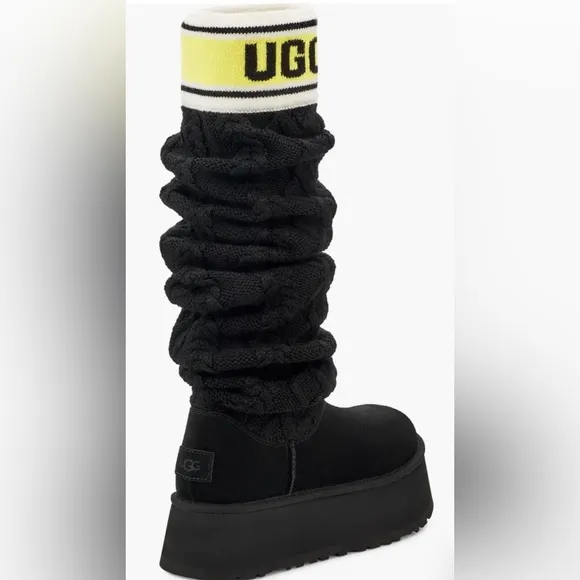 UGG® black cabke knit Sweater yellow cream trim Tall platform Boots size 10 new