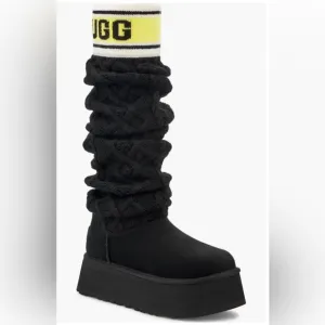 UGG® black cabke knit Sweater yellow cream trim Tall platform Boots size 10 new