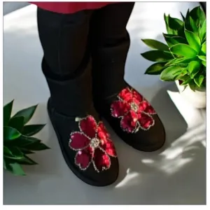 UGG Black Winter Boots with Custom Red Floral Design Sequins