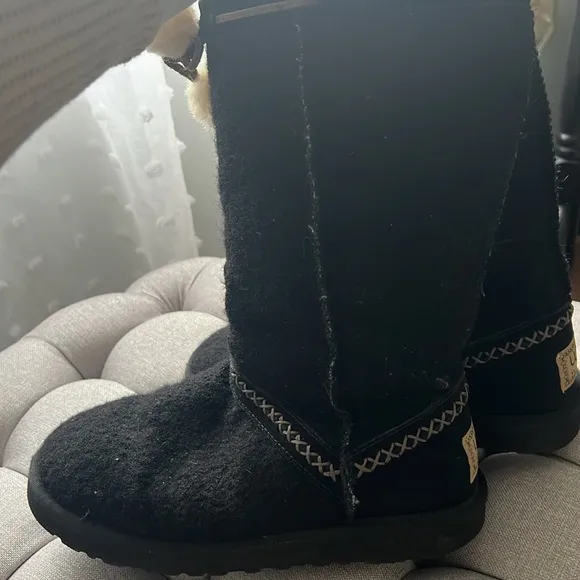 UGG Black Wool Tall Boots with Pom-Poms