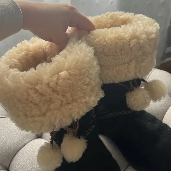 UGG Black Wool Tall Boots with Pom-Poms