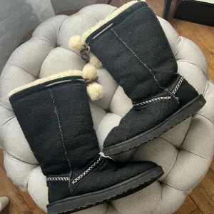 UGG Black Wool Tall Boots with Pom-Poms