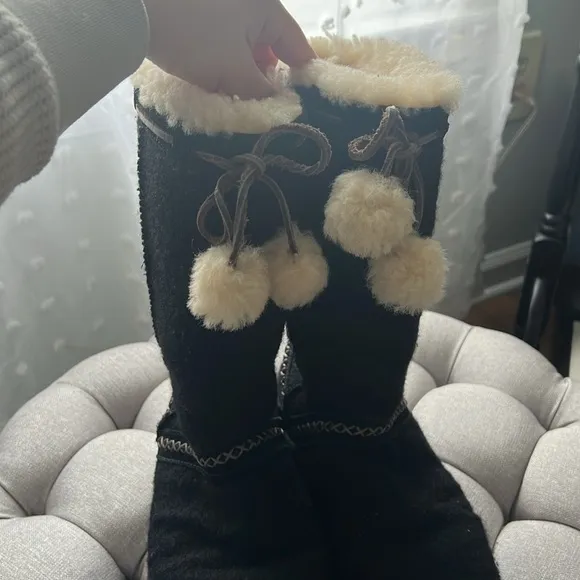 UGG Black Wool Tall Boots with Pom-Poms