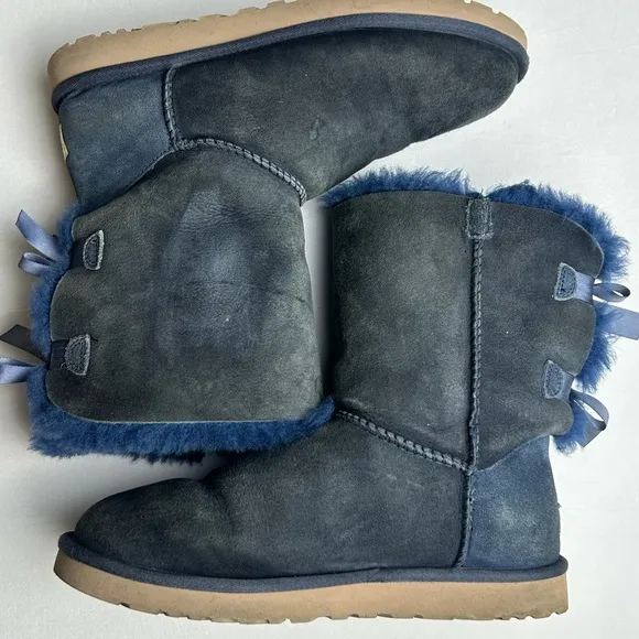 UGG Blue Suede Bow Shearling Boots