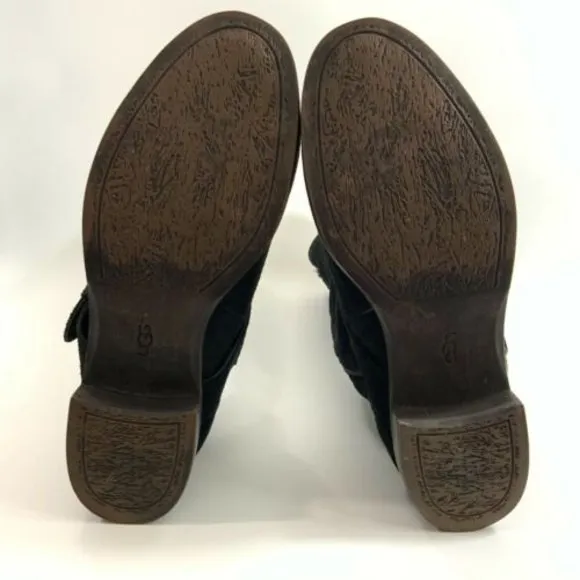 UGG Boots Size 7M Black Tall Two Toned Leather Cydnee Lined Distressed