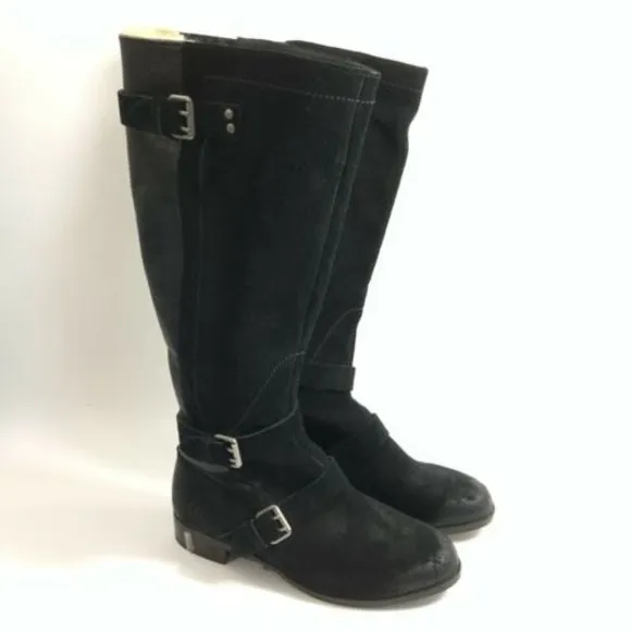 UGG Boots Size 7M Black Tall Two Toned Leather Cydnee Lined Distressed
