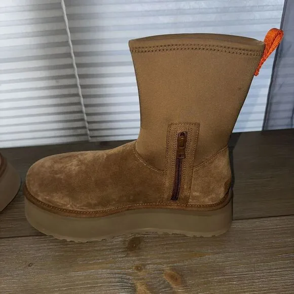 UGG CHESTNUT‎ SUEDE CLASSIC DIPPER 2&quot; PLATFORM BOOTS, WOMEN US 11 ~NEW 1144031