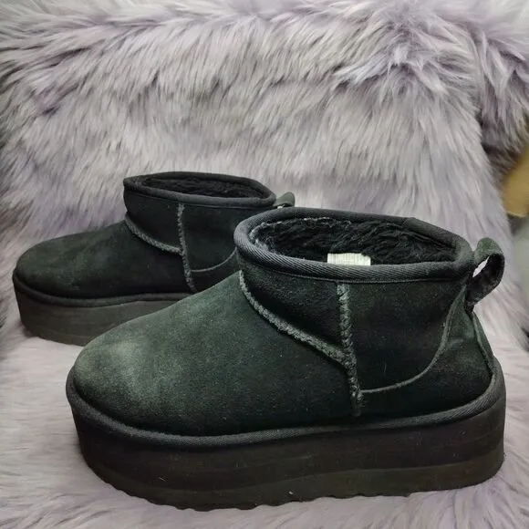 Ugg Classic Ultra Mini Platform Suede Ankle Boots Womens Size 7 Black 1135092