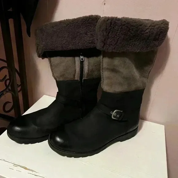 UGG Daleane Boots In Black &amp; Charcoal Gray Womens Size 10 Leather/Shearl…