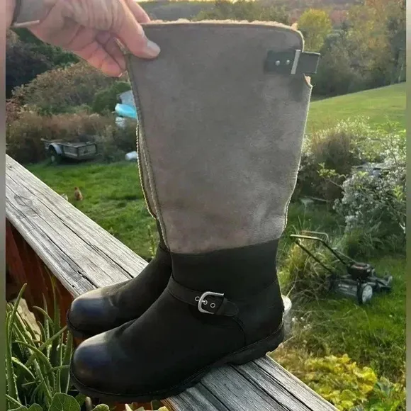 UGG Daleane Boots In Black &amp; Charcoal Gray Womens Size 10 Leather/Shearl…