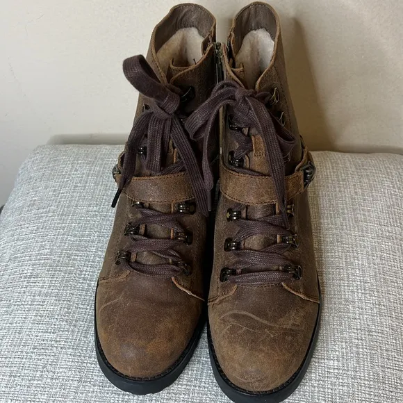 UGG FRITZI LACE-UPWATERPROOF LEATHERSHEEPSKIN ANKLE BLACK BOOTS EUR 42 US 11