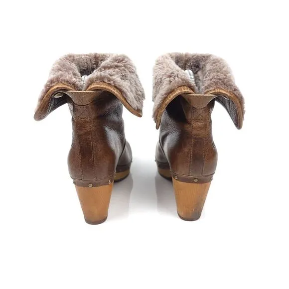 UGG Lynnea Leather Fur Shearling Lined Chunky Brownstone Boots Booties 5 Boho