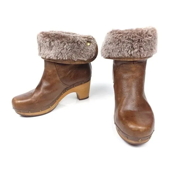 UGG Lynnea Leather Fur Shearling Lined Chunky Brownstone Boots Booties 5 Boho
