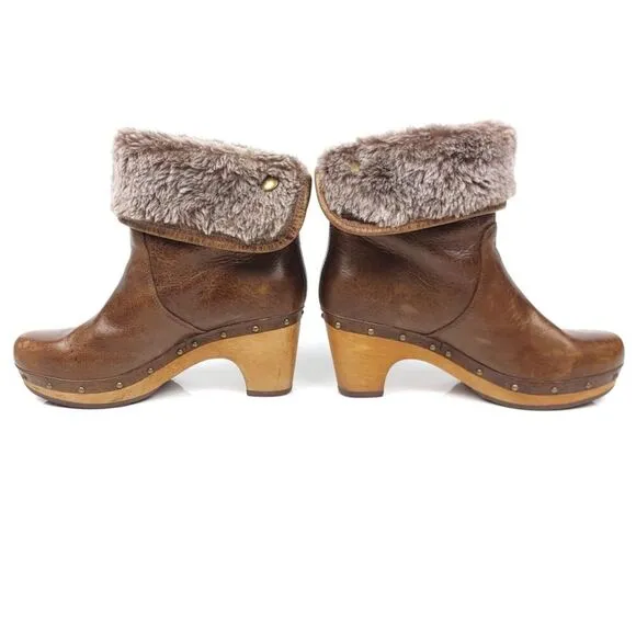 UGG Lynnea Leather Fur Shearling Lined Chunky Brownstone Boots Booties 5 Boho