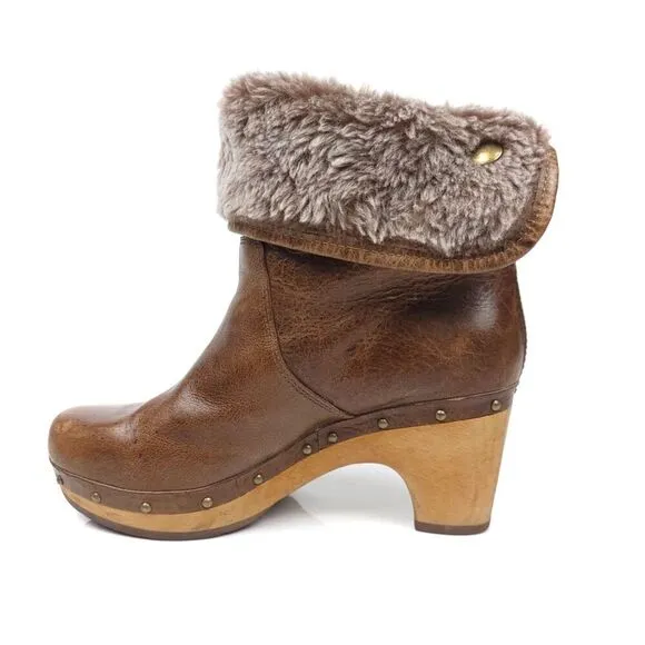 UGG Lynnea Leather Fur Shearling Lined Chunky Brownstone Boots Booties 5 Boho