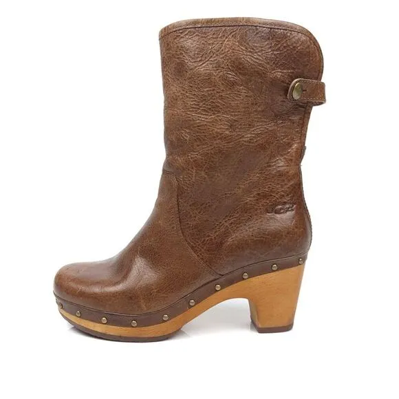 UGG Lynnea Leather Fur Shearling Lined Chunky Brownstone Boots Booties 5 Boho