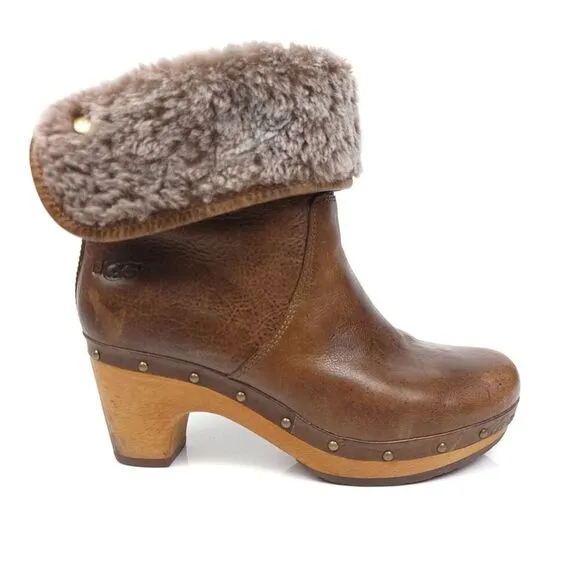 UGG Lynnea Leather Fur Shearling Lined Chunky Brownstone Boots Booties 5 Boho