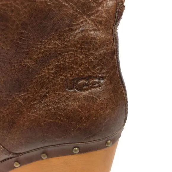 UGG Lynnea Leather Fur Shearling Lined Chunky Brownstone Boots Booties 5 Boho