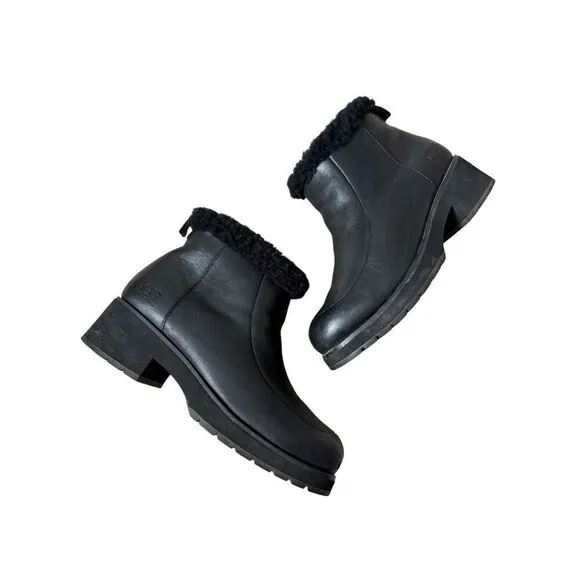 UGG Shearling Lined Leather Chunky Boots size 9 Black Rare Ankle