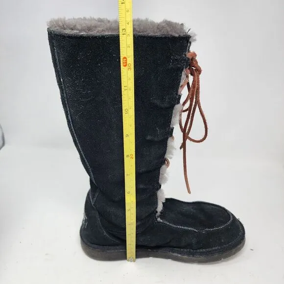 Ugg Uptown Boots Black Suede Gray Shearling Lining Leather Lace Up Size 7