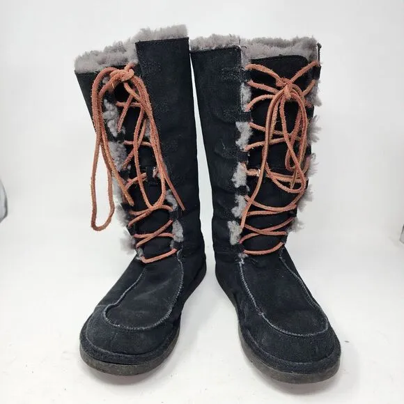 Ugg Uptown Boots Black Suede Gray Shearling Lining Leather Lace Up Size 7