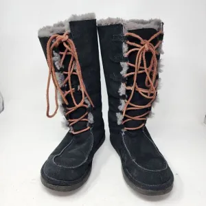 Ugg Uptown Boots Black Suede Gray Shearling Lining Leather Lace Up Size 7