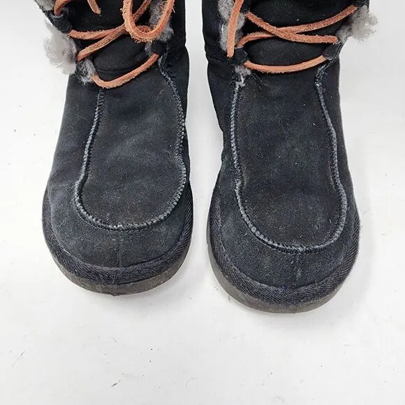 Ugg Uptown Boots Black Suede Gray Shearling Lining Leather Lace Up Size 7
