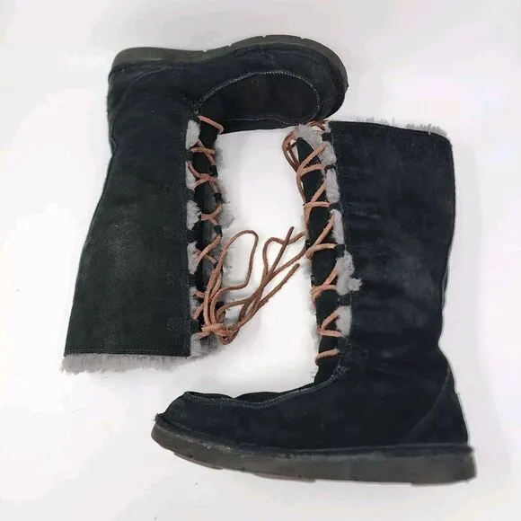 Ugg Uptown Boots Black Suede Gray Shearling Lining Leather Lace Up Size 7