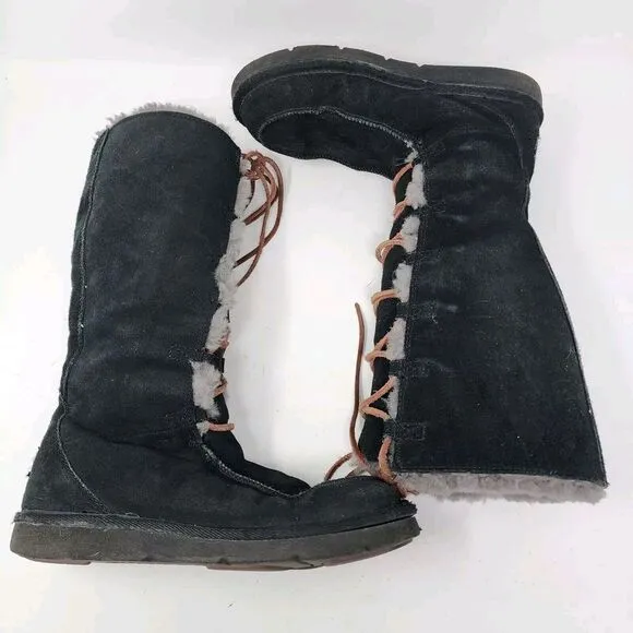 Ugg Uptown Boots Black Suede Gray Shearling Lining Leather Lace Up Size 7